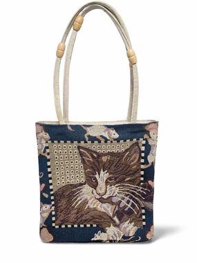 Vintage Cat Tapestry Shoulder Bag Expandable Zip Cottagecore Purse Cute